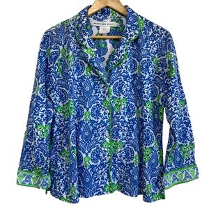 Gretchen Scott Designs Blue & Green Floral Paisley Pajama Top Long Sleeve Large